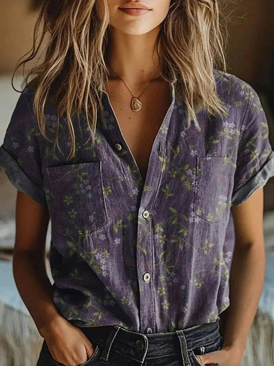 Women's floral print blouse with lapel collar and short sleeves in purple tones for casual wear