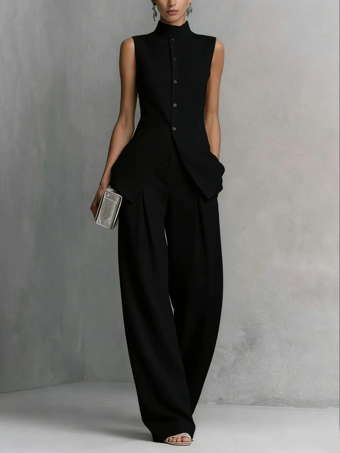 Women's sleeveless linen pant set with mock neck top and high waist wide leg pants in solid color