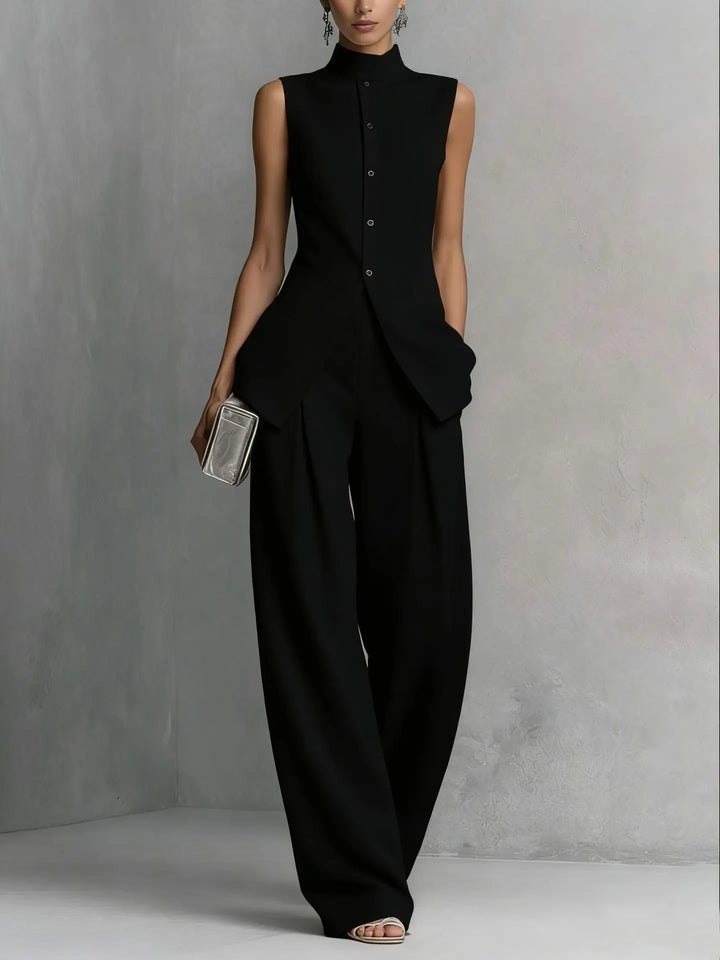 Women's sleeveless linen pant set with mock neck top and high waist wide leg pants in solid color