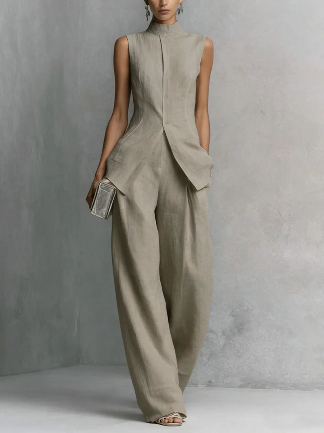 Close up view of linen pant set showing button front closure and structured fabric drape