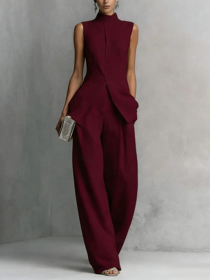 Side view of two piece linen set displaying relaxed fit and wide leg silhouette