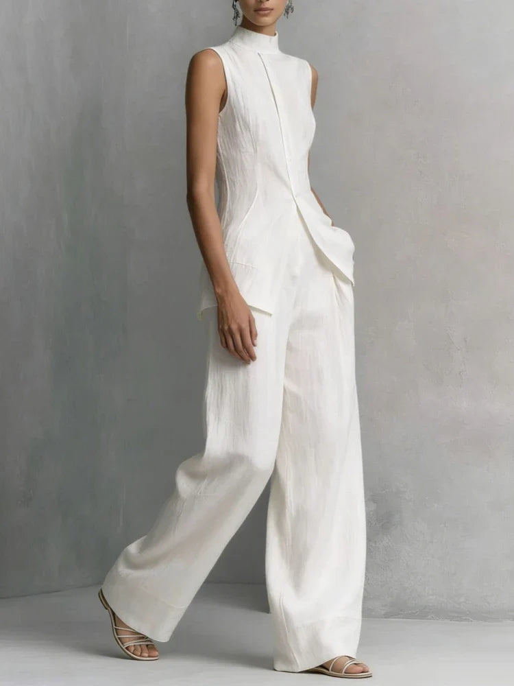 Full length view of women's linen pant set showing sleeveless mock neck top and high waist pants