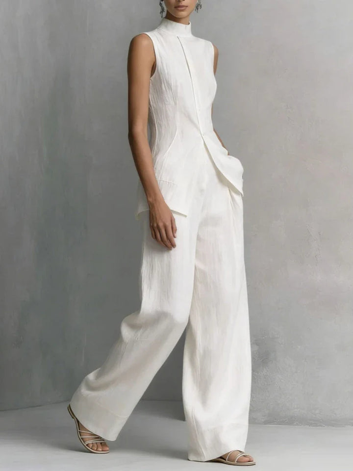 Full length view of women's linen pant set showing sleeveless mock neck top and high waist pants