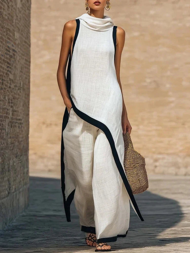 Linen Two Piece Set with sleeveless layered top and wide leg trousers featuring contrast trim detailing