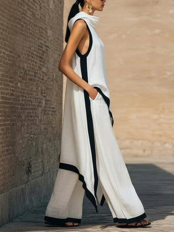 Close up of contrast trim detail on sleeveless linen top with cowl neckline