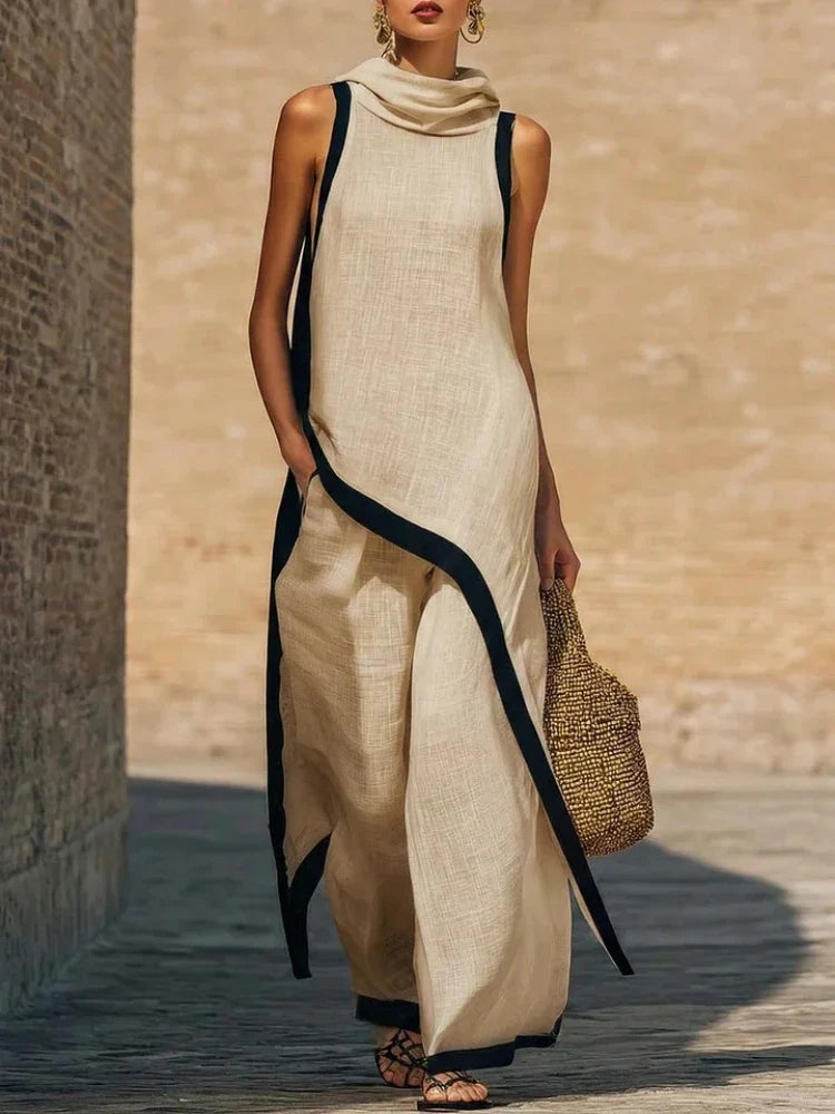 Full length view of linen matching set styled with flat sandals and woven bag
