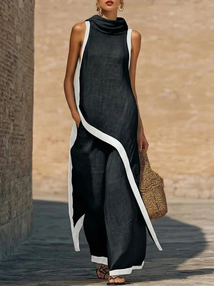 Back view of two piece set showing asymmetric hem on layered top