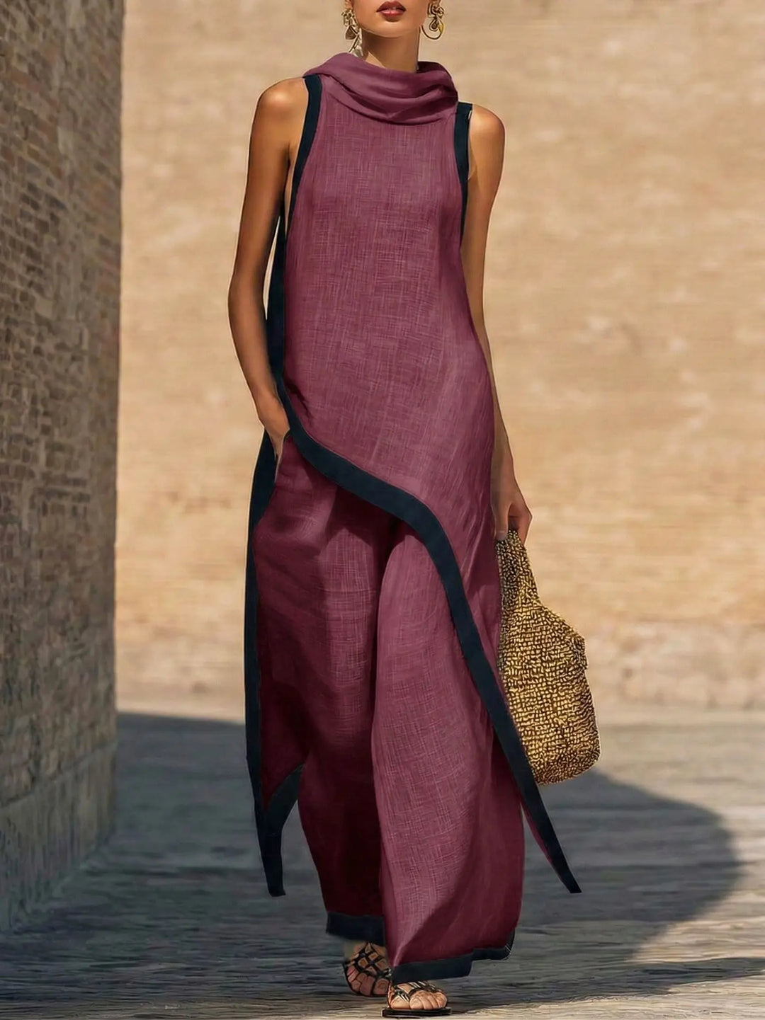 Alternative color option of linen two piece set with sleeveless top and wide leg pants