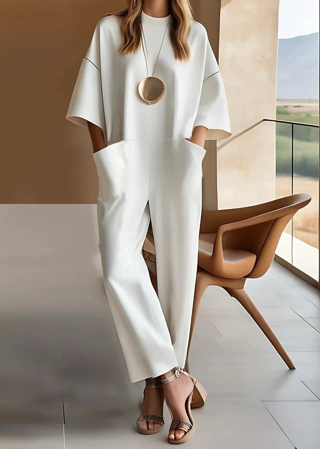 Woman wearing white Elegant Short-Sleeve Jumpsuit with relaxed fit, mid-length sleeves, straight-leg pants, and front patch pockets in modern interior