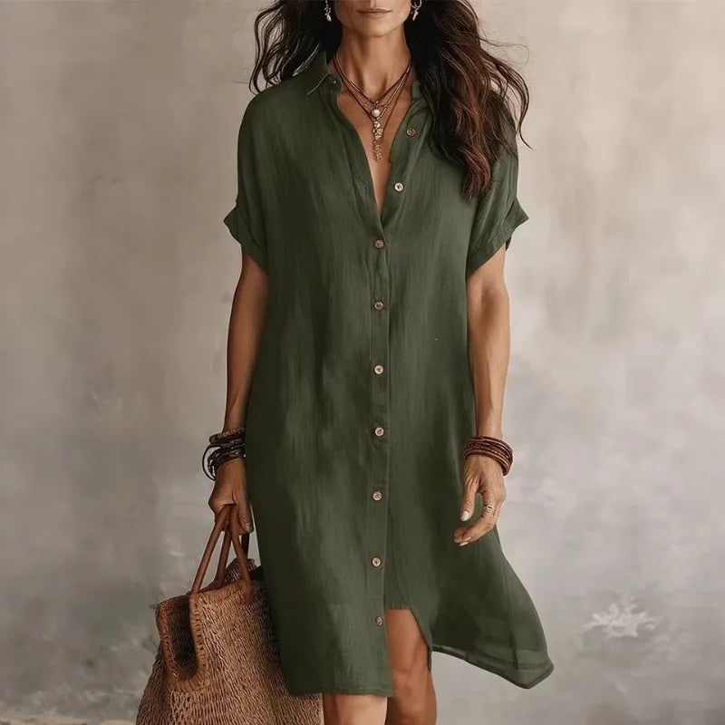 Close-up view of button down shirt dress showing collar neckline and front button closure detail