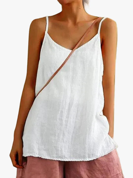 Women's Casual Linen-Blend Camisole in white with V-neck and spaghetti straps on model