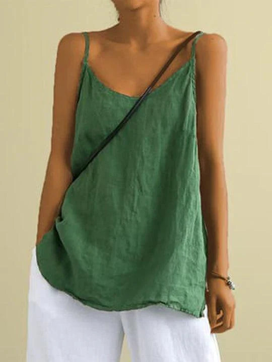 Close-up view of Women's Casual Linen-Blend Camisole showing relaxed fit and curved hem detail
