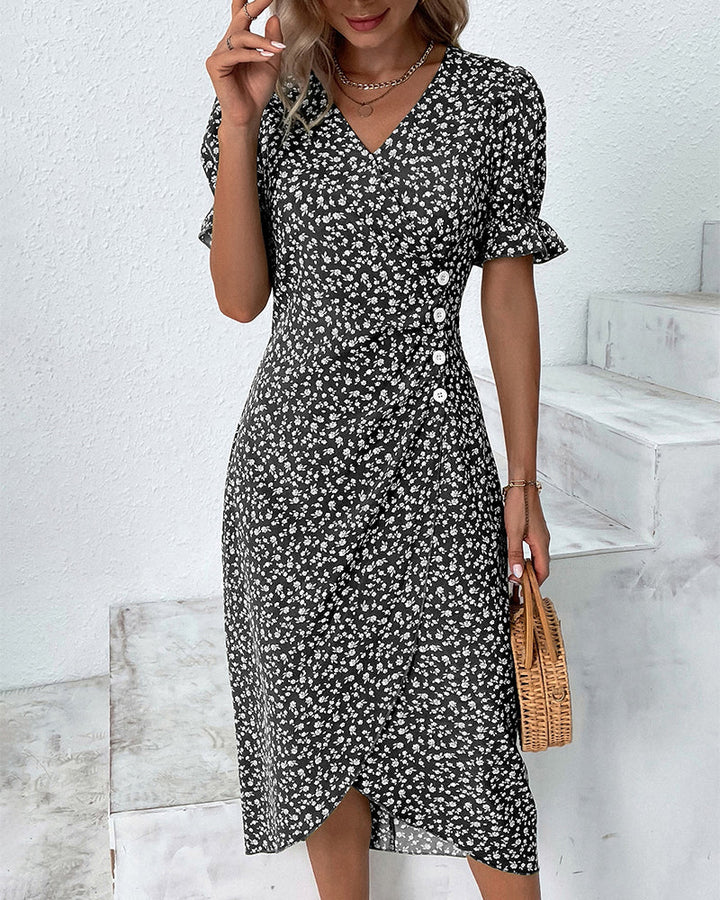 Side view showing the wrap-style silhouette and midi length of the cotton summer dress