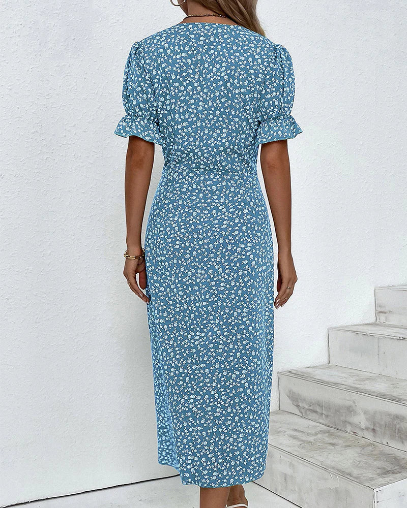 Close-up of the lightweight woven fabric and floral print on the dress
