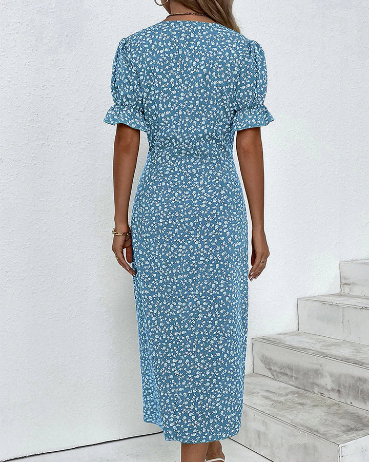 Close-up of the lightweight woven fabric and floral print on the dress