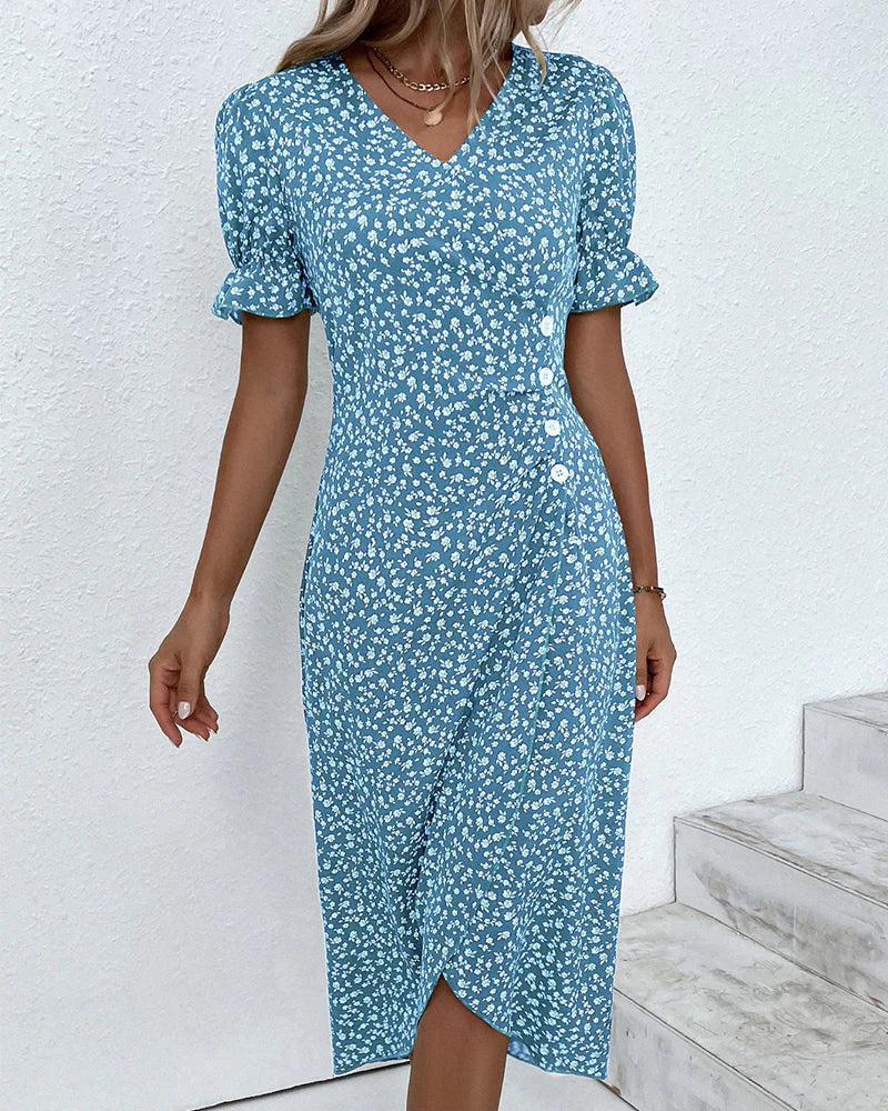 Detail shot of the button accents and side seam on the cotton summer dress