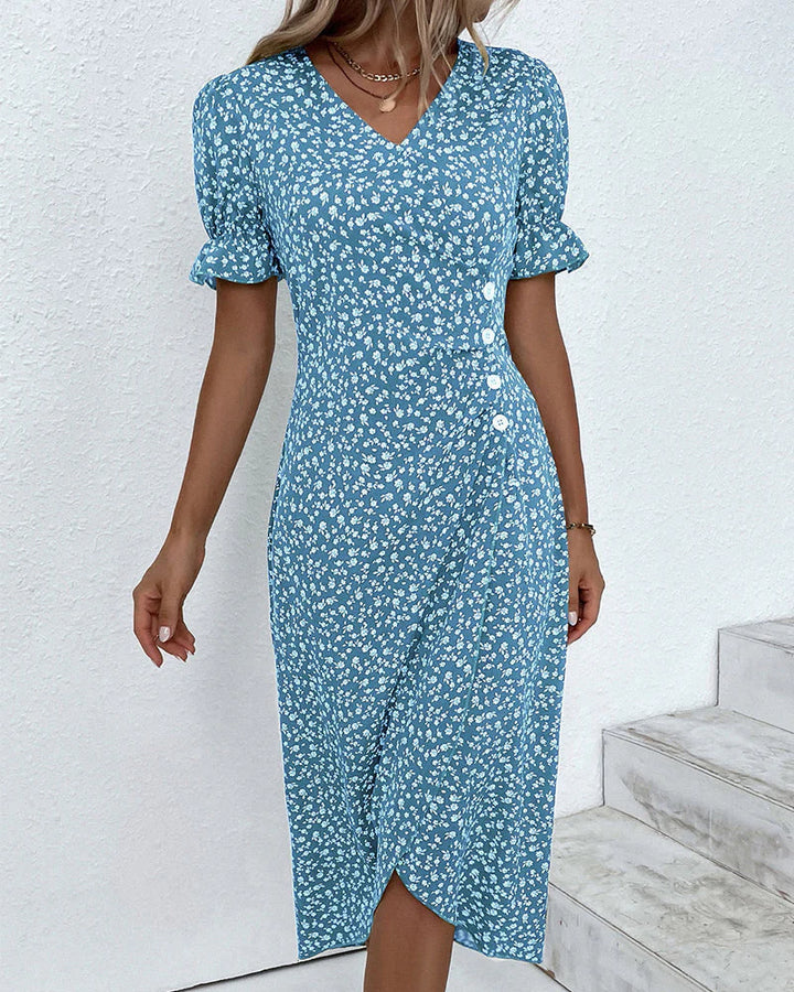 Detail shot of the button accents and side seam on the cotton summer dress