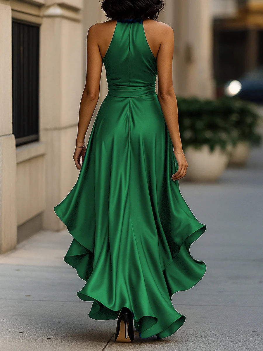 Halter neck ruffle maxi dress full-length view highlighting sleeveless design and formal silhouette