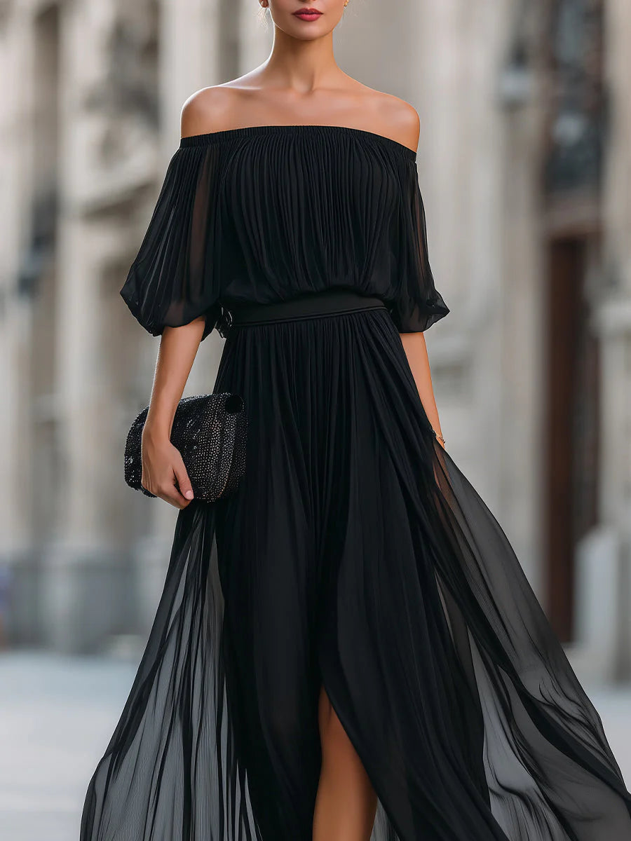 Pleated maxi dress with defined waist and flowing skirt for weddings
