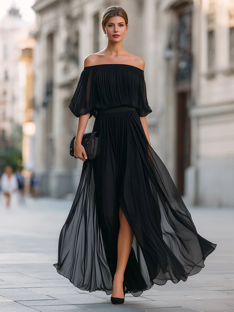 Formal off shoulder maxi dress with pleated bodice and flowing silhouette