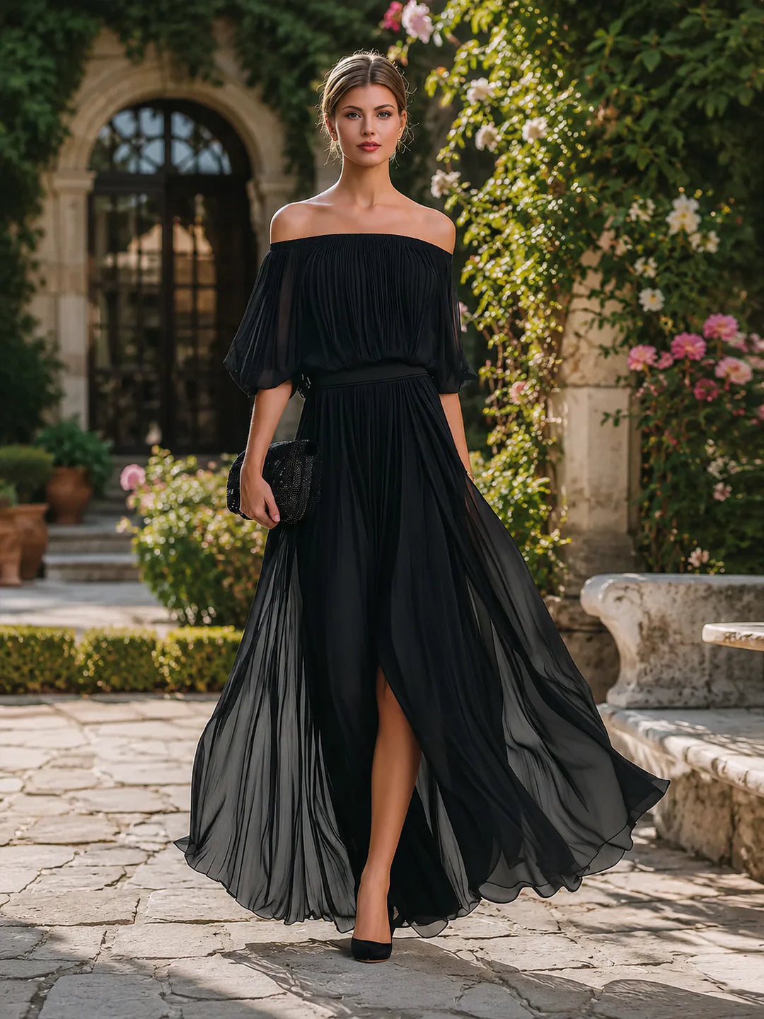 Formal maxi dress featuring off shoulder design and pleated construction