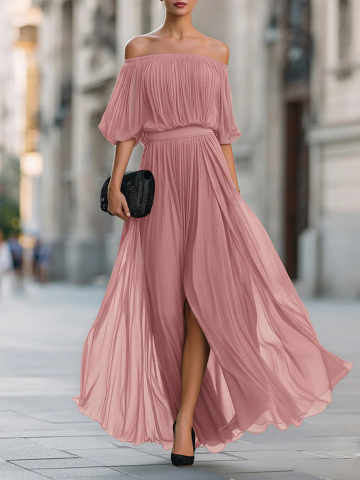 Off shoulder formal dress with pleated texture and floor length hem