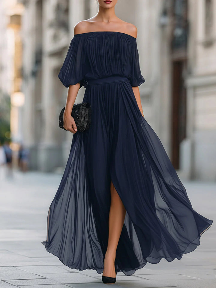 Maxi dress with off shoulder neckline and sheer three-quarter sleeves