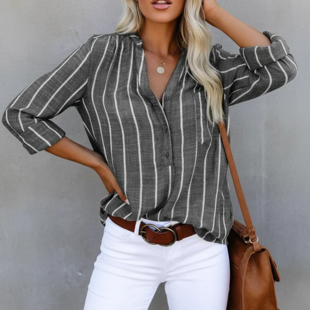 Women's Stripe Summer Shirt styled with belt showing versatile tucked-in option