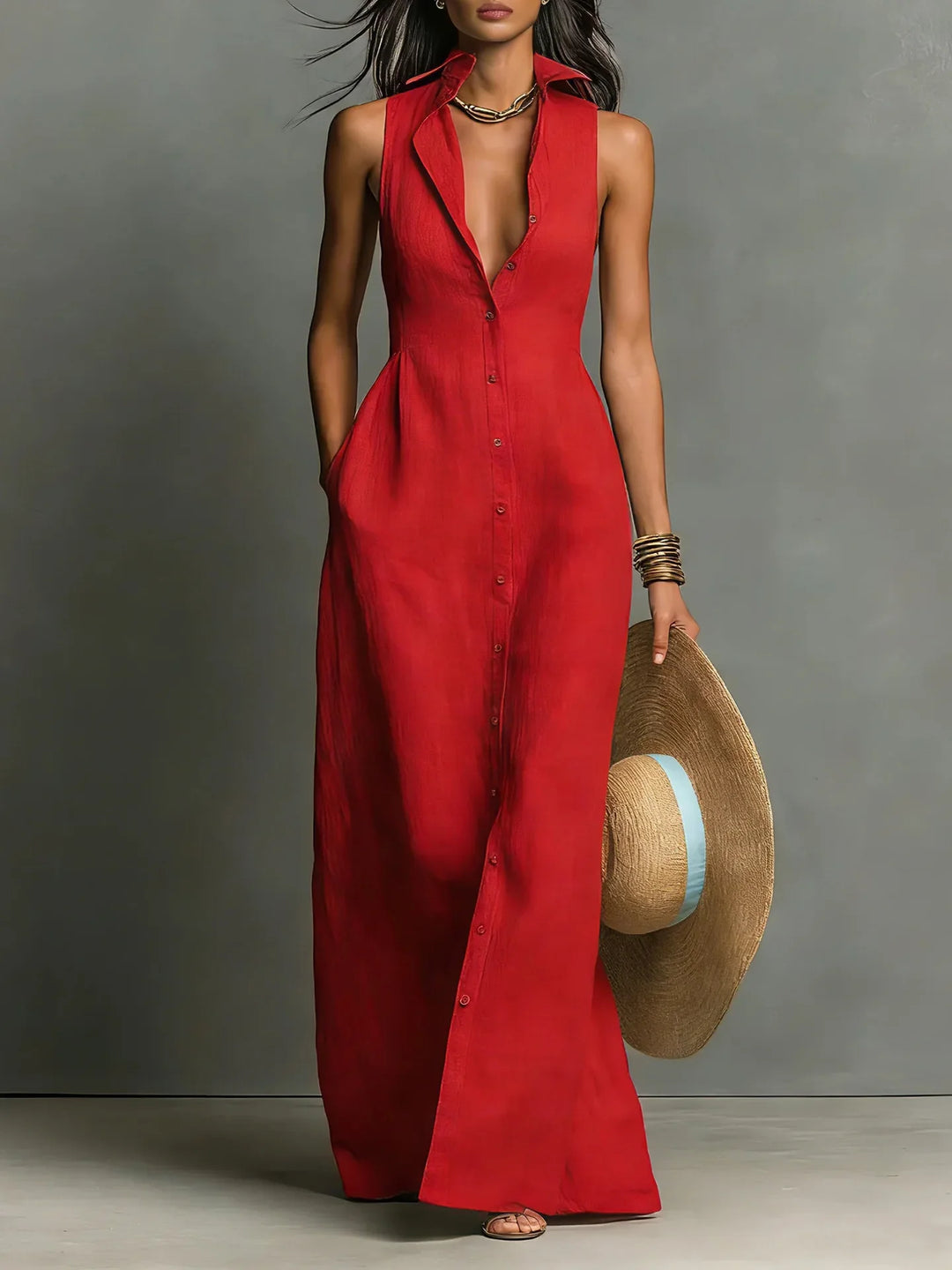 Elegant Lapel Shirt Dress in red with sharp collar and button-through front, sleeveless maxi silhouette