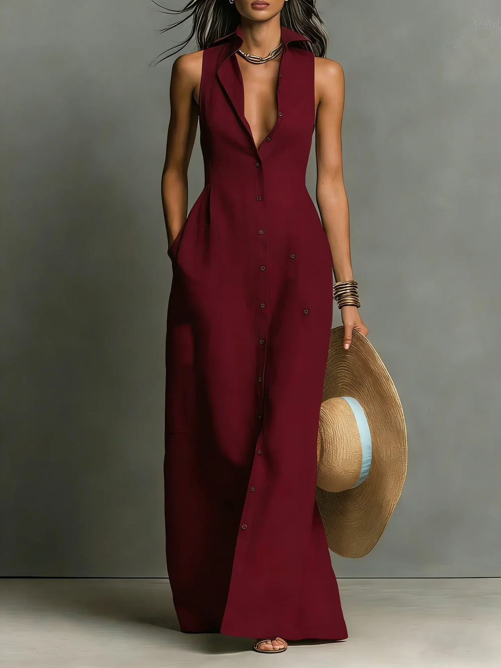 Side view of Elegant Lapel Shirt Dress showing tailored waist and floor-length drape