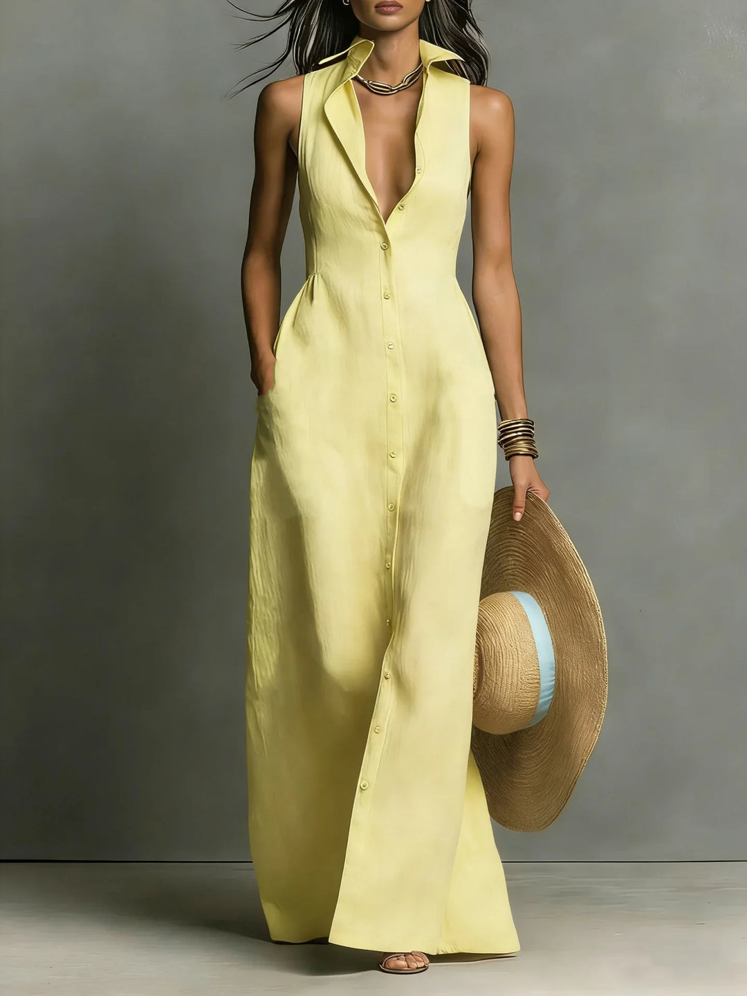 Close-up of lapel collar and button details on Elegant Lapel Shirt Dress