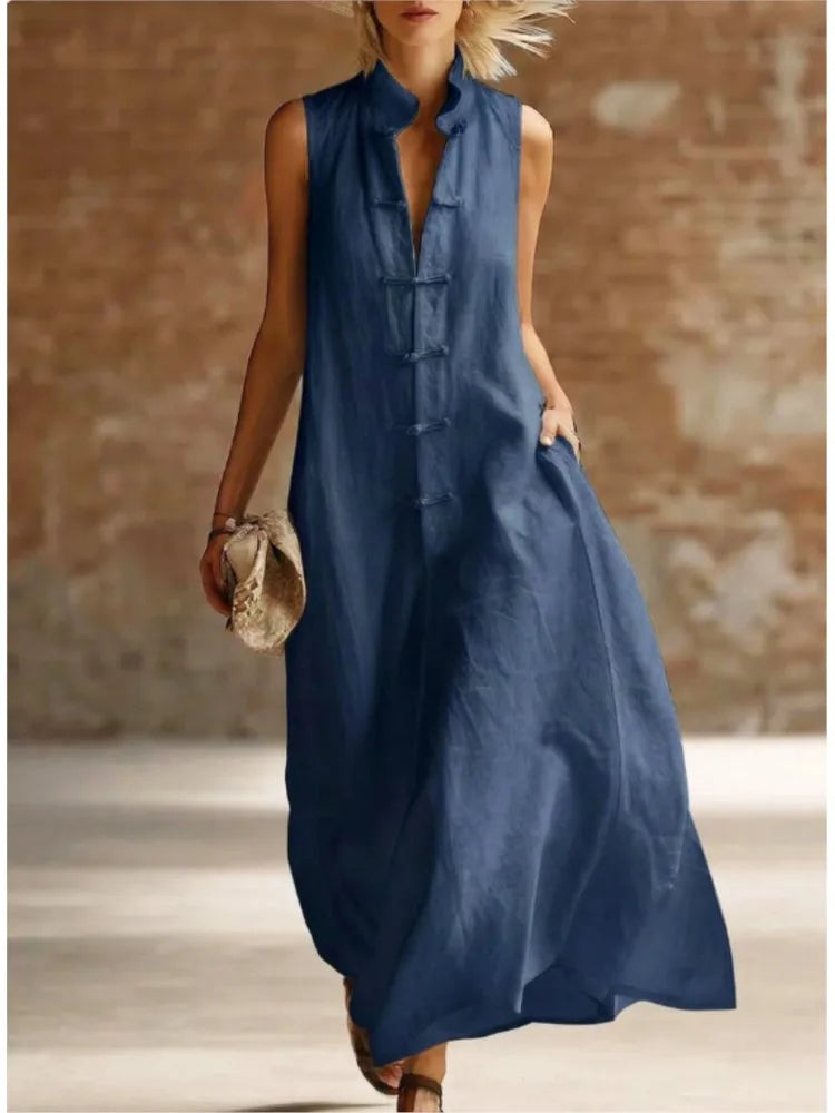 Close-up of side pocket detail on sleeveless maxi dress