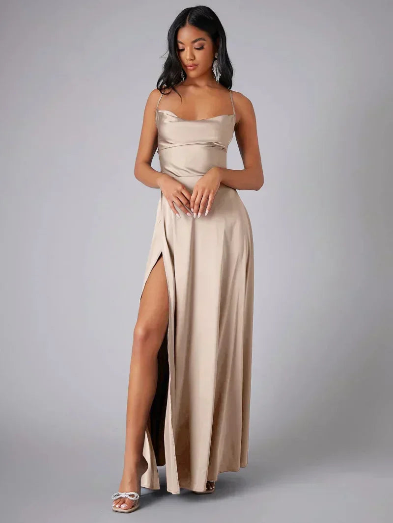 Violet wearing champagne Spaghetti Strap Evening Maxi Dress High Slit with straight neckline and floor-length skirt