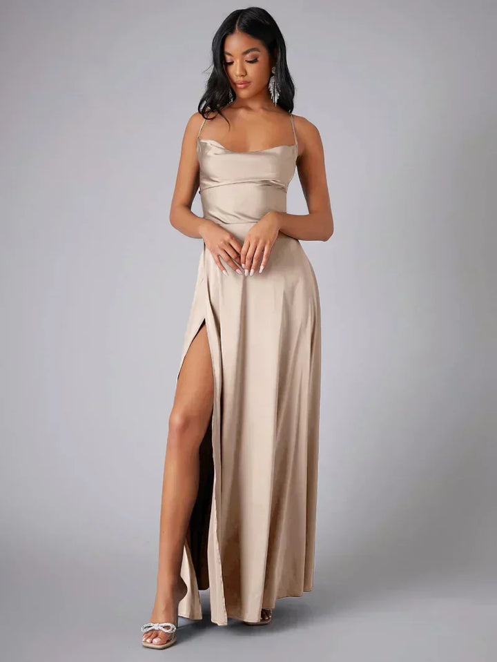 Violet wearing champagne Spaghetti Strap Evening Maxi Dress High Slit with straight neckline and floor-length skirt