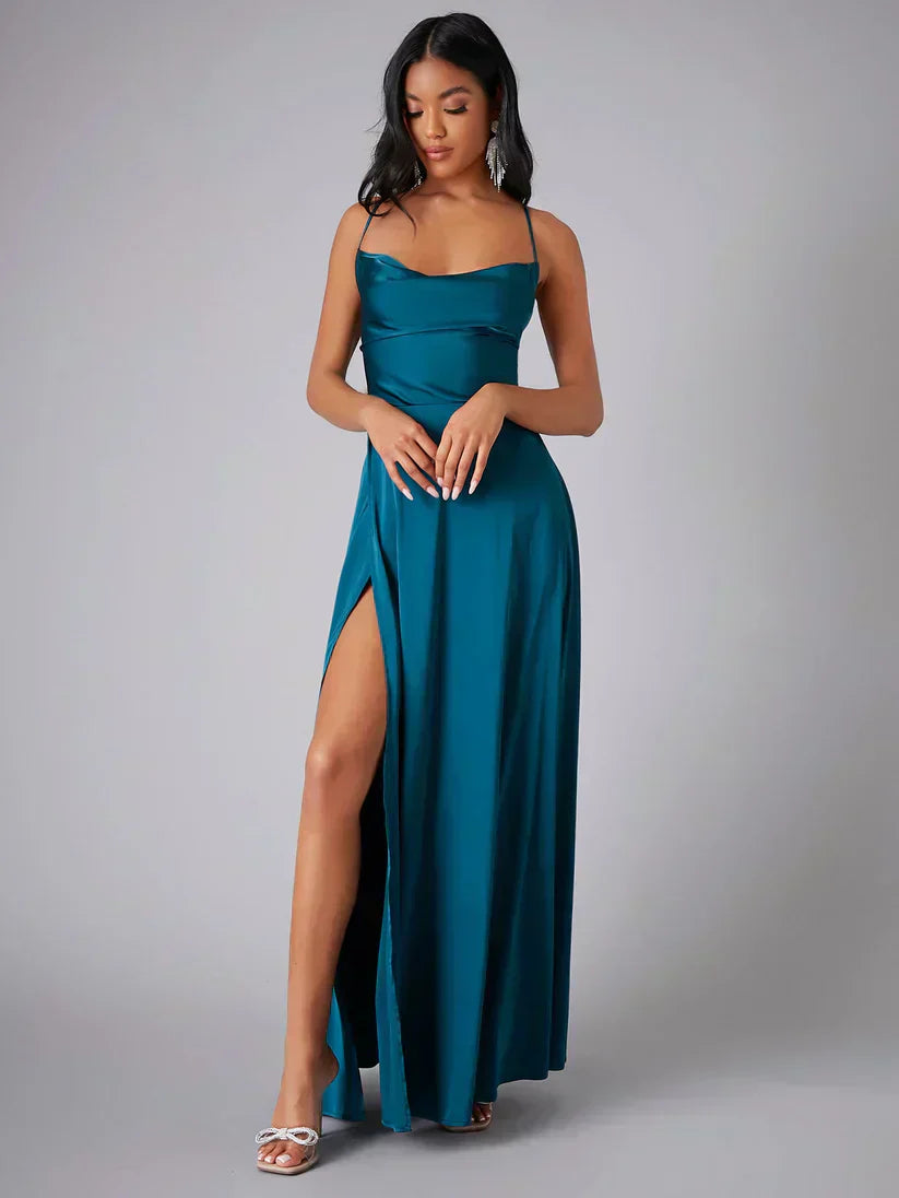 Side view of Spaghetti Strap Evening Maxi Dress High Slit showing dramatic high side slit detail