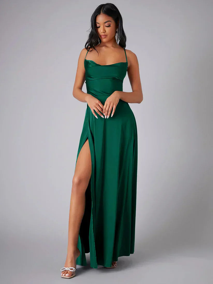 Close-up of fitted bodice and delicate spaghetti straps on evening maxi dress