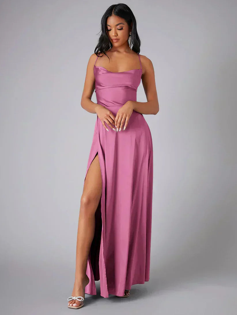 Back view of floor-length evening maxi dress with smooth lustrous fabric finish