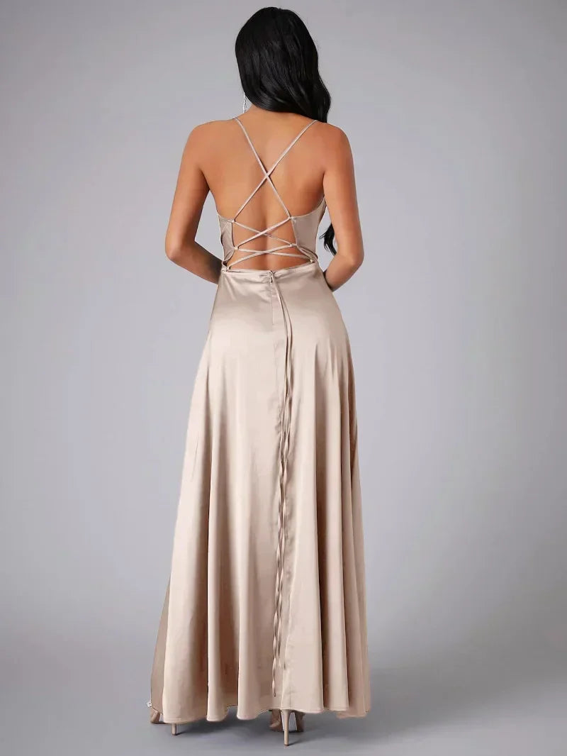 Model showcasing full silhouette of Spaghetti Strap Evening Maxi Dress High Slit for formal occasions