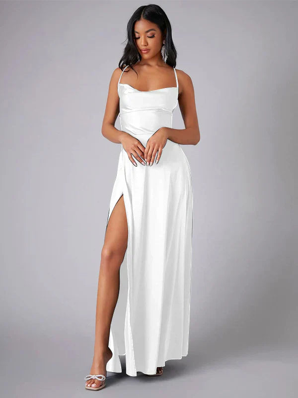 Detail of straight neckline and adjustable spaghetti straps on champagne evening dress