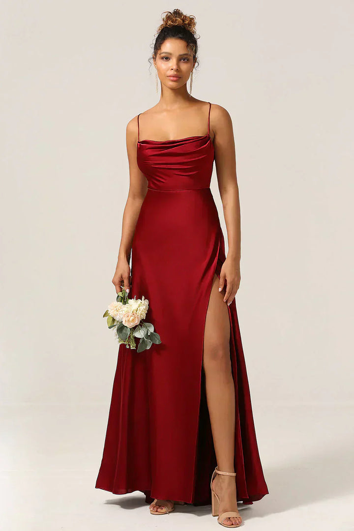 Floor-length maxi dress with high slit in motion showing graceful drape