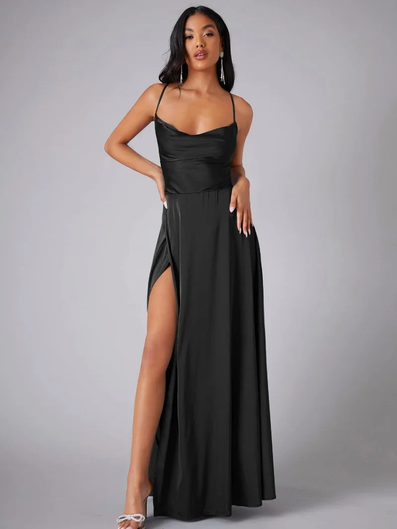 Three-quarter view of fitted bodice evening maxi dress with side slit