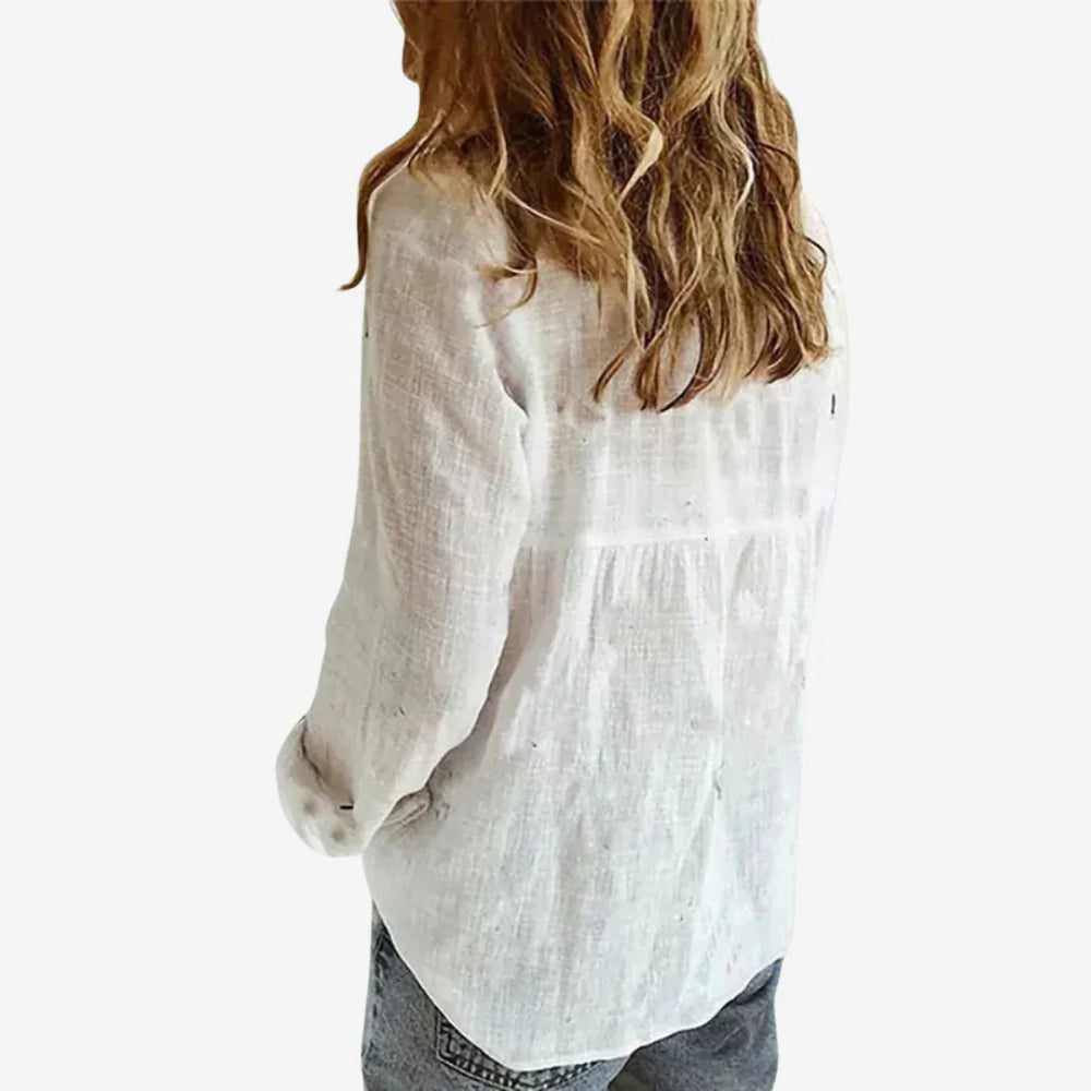 Close-up of Women's Linen-Blend Blouse showing woven texture, stand collar, and button-front placket detail