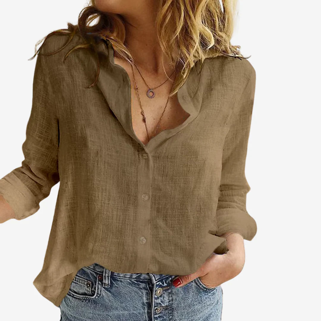 Side view of Women's Linen-Blend Blouse displaying relaxed fit and rounded hem at hip level
