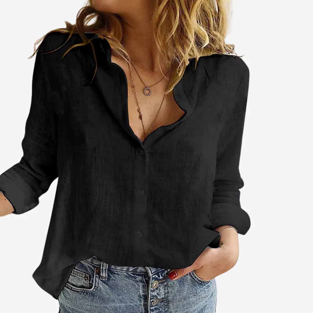 Detail shot of roll-tab sleeve on Women's Linen-Blend Blouse showing adjustable cuff styling option
