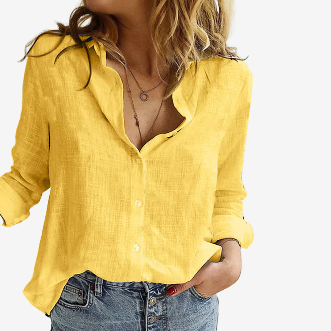Back view of Women's Linen-Blend Blouse showing relaxed drape and long sleeve construction