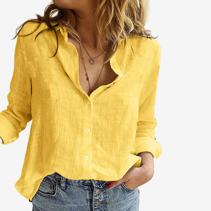 Back view of Women's Linen-Blend Blouse showing relaxed drape and long sleeve construction