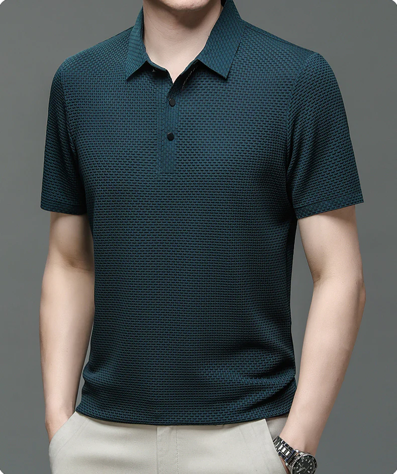 Full view of men's button-up polo shirt with classic collar and short sleeves