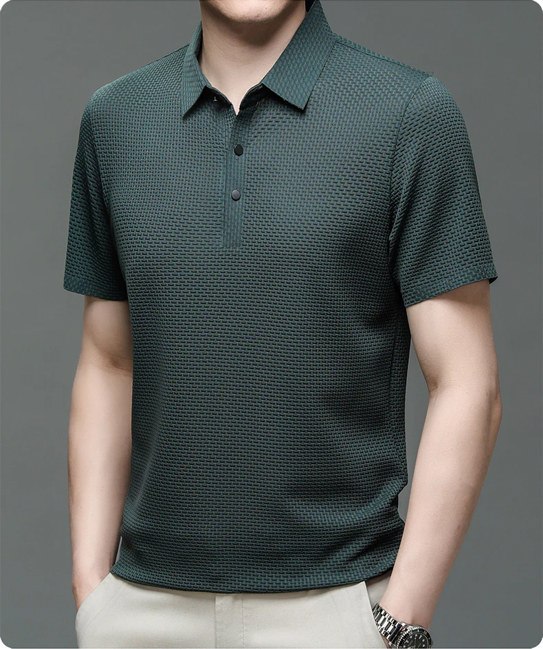 Detail of men's polo shirt placket with button closure and mesh texture