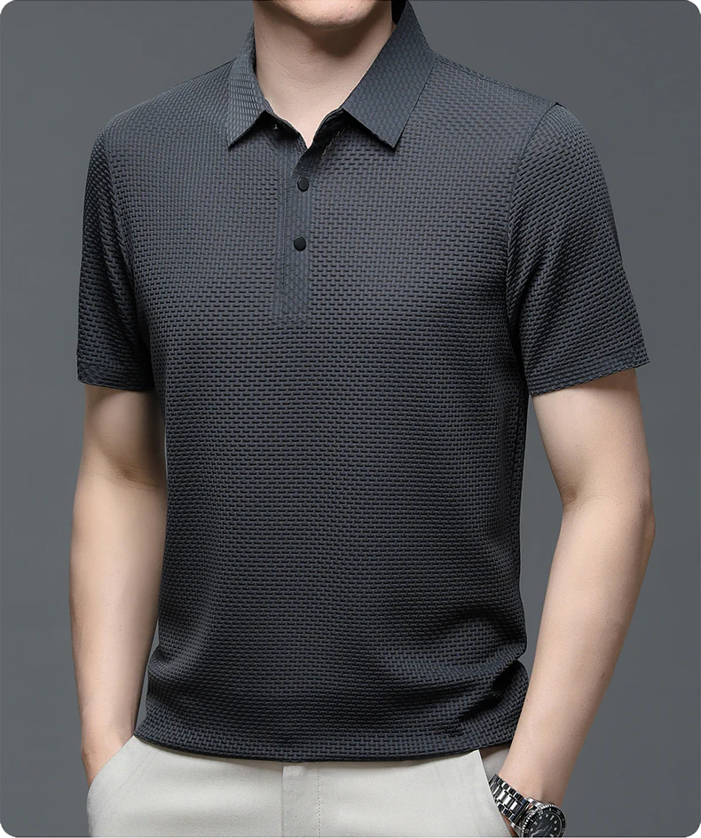 Men's gray polo shirt with breathable mesh fabric and structured silhouette