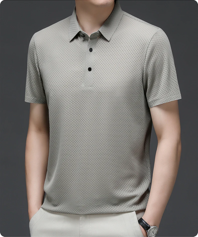 Close-up of textured mesh weave on men's button-up polo shirt